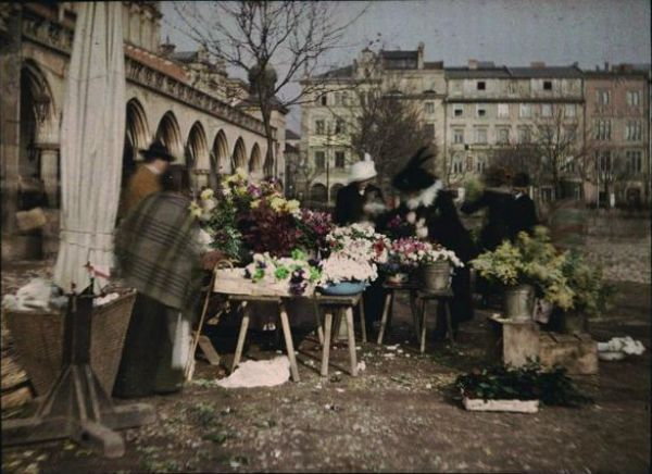 Stoisko z kwiatami przy Rynku Głównym w Krakowie, zdjęcie wykonane ok. 1912 r. (fot. Tadeusz Rząca, domena publiczna).