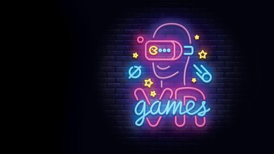 Video Games logos collection neon sign Vector design template. Conceptual Vr games, Retro Game night logo in neon style, gamepad in hand, modern trend design, light banner. Vector illustration