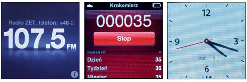 iPod nano może pełnić rolę radioodbiornika FM (zdjęcie po lewej), krokomierza (środkowa ilustracja) oraz imitacji analogowego zegarka na rękę (zdjęcie po prawej)