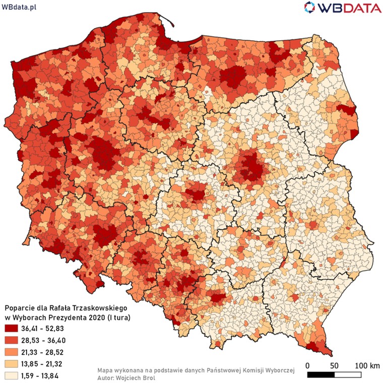 Mapa poparcia dla Rafała Trzaskowskiego