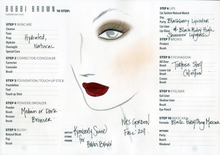 Face chart - makijaż Bobbi Brown dla Wes Gordon w stylu Classic Lips na New York Fashion Week Autumn/Winter 2011