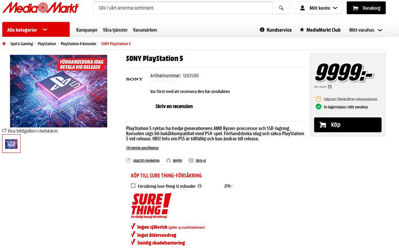 PlayStation 5 pojawiło się w szwedzkim Media Markt za ponad 4000 złotych