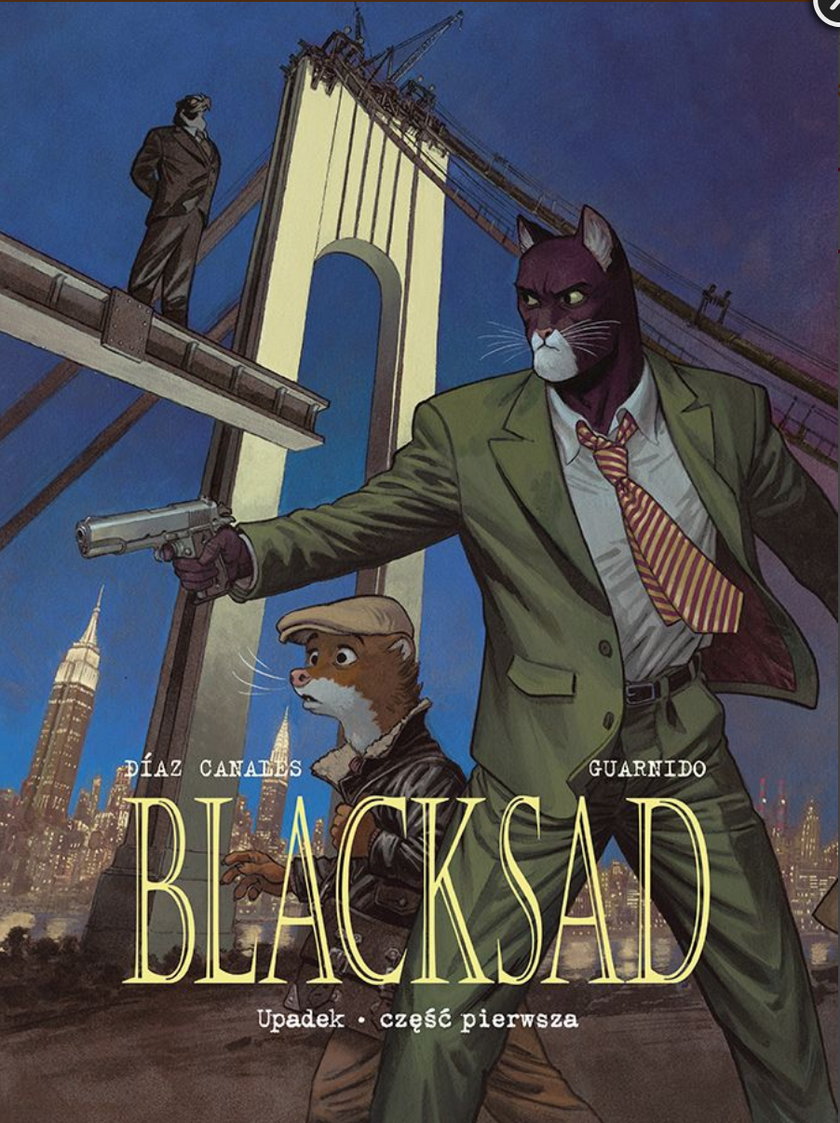 "Blacksad. Upadek, część pierwsza" okładka albumu. Tym razem kot-detektyw ochrania kreta - szefa związku zawodowego pracowników metra. Kto chce go zabić i jaki związek z tą sprawą piękna psia aktorka, która ma zadatki na zdolną dziennikarkę? Wszystkie postaci w tym albumie przedstawiono jak zwierzęta.