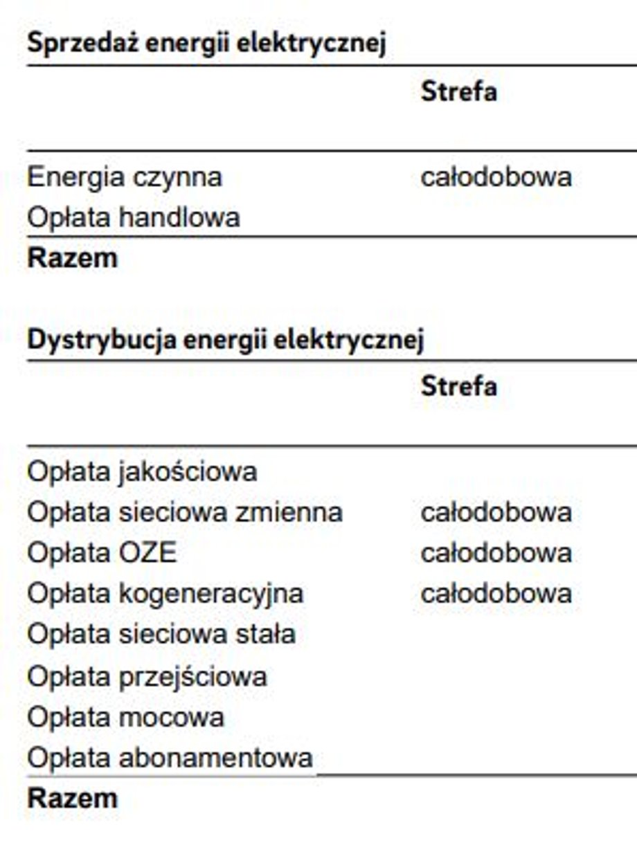 Pozycje na rachunku za prąd