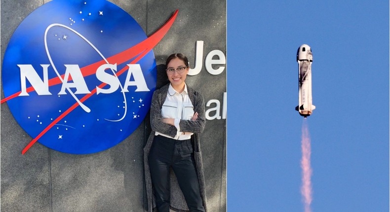 Katya Echazarreta next to Blue Origin's New Shepard flying toward space on December 11, 2021 near Van Horn, Texas.