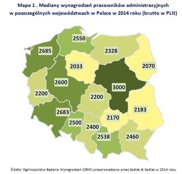 Mediany wynagrodzeń pracowników administracyjnych w poszczególnych województwach w Polsce w 2014 roku (brutto w PLN)