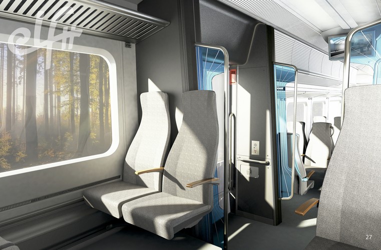 Tak może wyglądać wnętrze nowego Elfa. Aż chce się porzucić auto i przesiąść do pociągu, prawda? Ten obrazek lepiej jednak traktować w sposób niezobowiązujący, bo wygląd wnętrza pojazdu będzie zależał od życzenia zamawiającej spółki przewozowej (i zasobności jej portfela). Koleje Śląskie zażyczyły sobie np., żeby pociągi były wyposażone w przyciemniane szyby, przewijaki dla niemowląt, uchwyty na rowery i składane stoliki. Pociągi dla KŚ mają być też w pełni dostosowane do potrzeb niepełnosprawnych, co jest już dziś standardem w nowym taborze w Polsce.