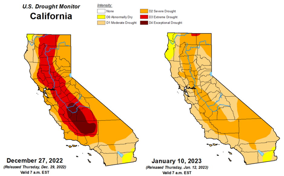 Skala suszy na terenie Kalifornii 27 grudnia 2022 r. i 10 stycznia 2023 r. US. Drought Monitor