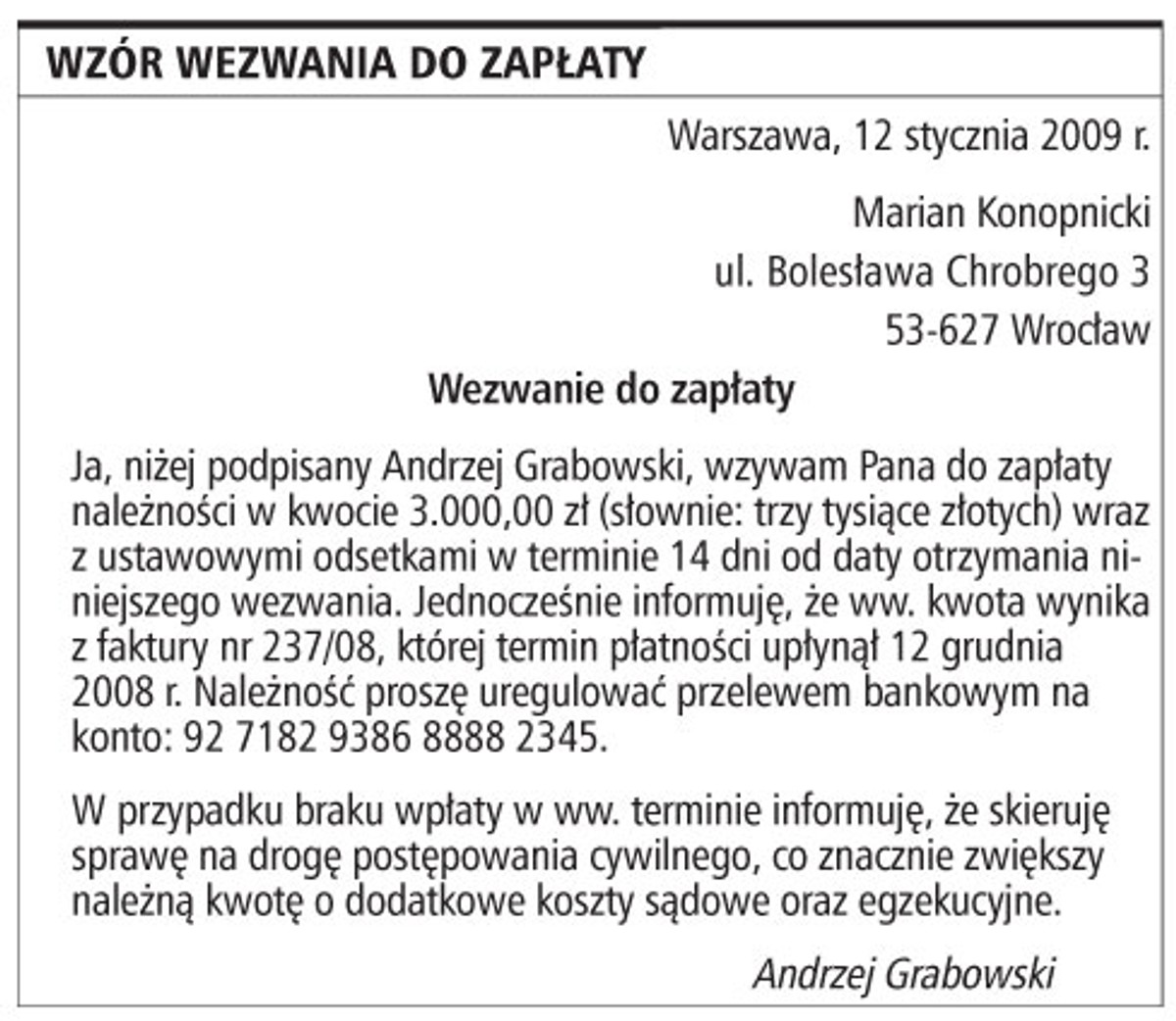 Wzór wezwania do zapłaty