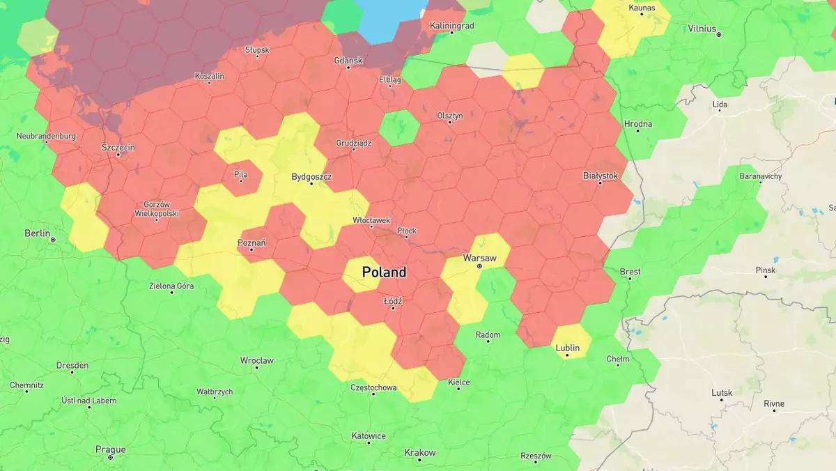 GPS znowu wariuje nad Polską (mapka z dnia 2 marca 2024 r.)