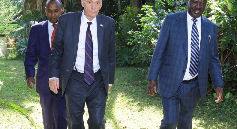 African Union High Representative For infrastructure, Raila Odinga with outgoing U.S Ambassador Bob Godec and MP Junet Mohammed