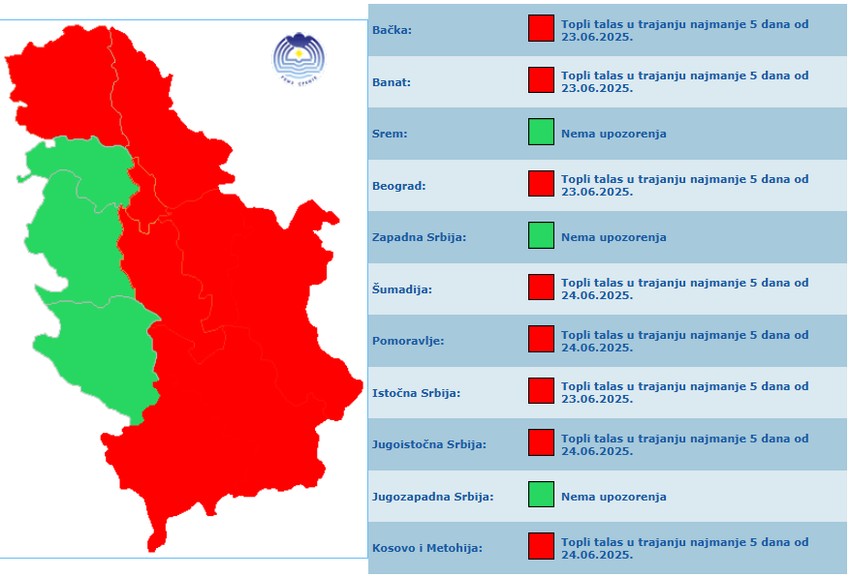 Mapa toplotnog talasa u Srbiji
