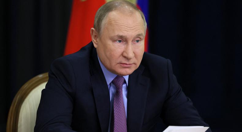 Russian President Vladimir Putin chairs a meeting on transport complex development via a video link at the Bocharov Ruchei residence in the Black Sea resort city of Sochi on May 24, 2022.