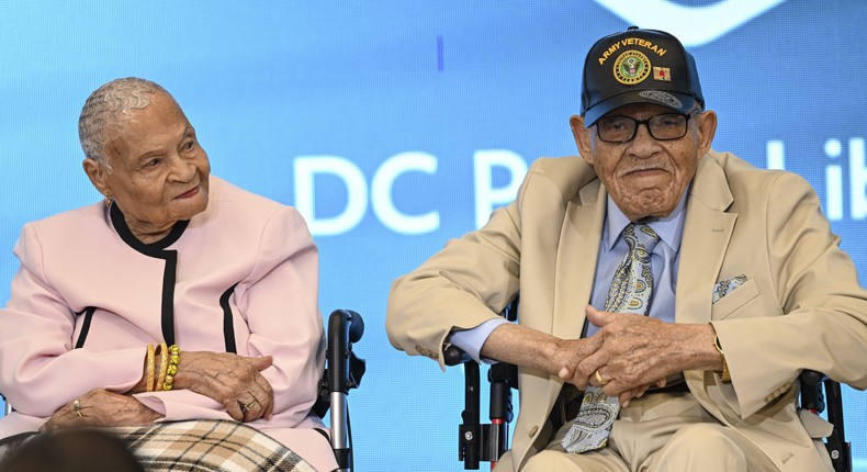 109 year old survivor of the Tulsa Race massacre Viola Fletcher (L) and Hughes Van Ellis (R) is 102 years old, is a survivor of the Massacre and brother of Mother Viola Fletcher speaks about their memoir in Washington D.C., United States on June 18, 2023.Celal Gunes/Anadolu Agency via Getty Images