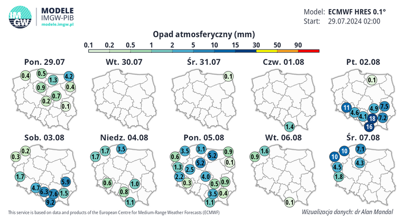 Prognozowana suma opadów w Polsce w kolejnych dniach