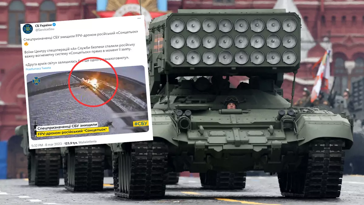 Ukraiński dron kamikadze zniszczył rosyjski system artyleryjski TOS-1A "Sołncepiok" (twitter.com/ServiceSsu)