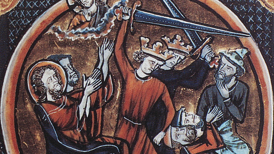 Ilustracja z Biblii francuskiej z 1250 r. Dwóch Żydów ma zostać ściętych mieczem – to zemsta za śmierć Jezusa