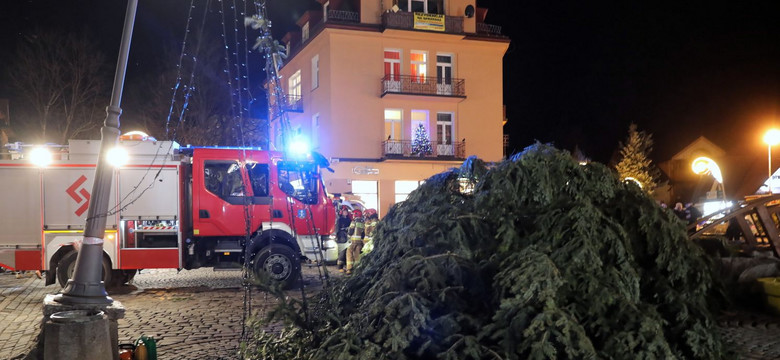 Halny szaleje w Tatrach. Przewrócił olbrzymią choinkę na Krupówkach