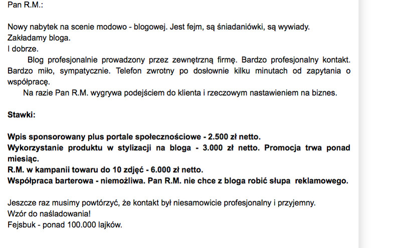 negocjacje z blogerem modowym, fot.  screen z polacyrodacy