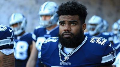 The NFL, which suspended Dallas Cowboys' Ezekiel Elliot, pictured on August 12, 2017, slammed the players union for its smear campaign against Elliott's former girlfriend, a move intended to help his case after her accusations of domestic violence