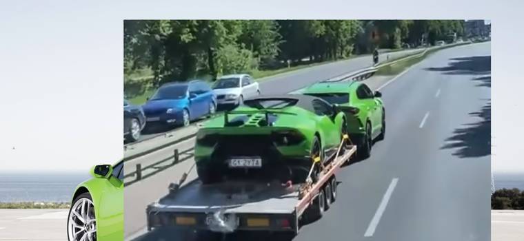Lamborghini Urus ciągnie na lawecie Huracana. Oba w krzykliwym kolorze. Co za zestaw! 