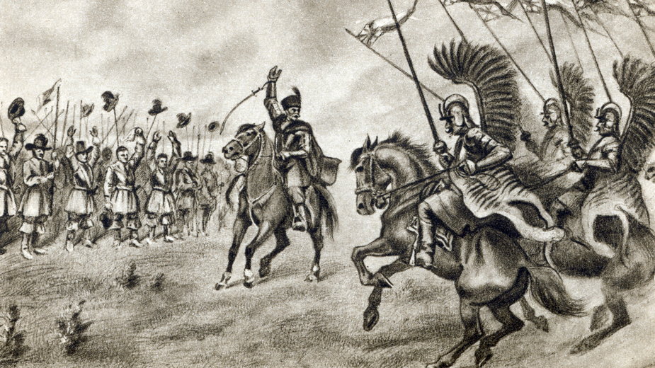 Bitwa pod Kłuszynem; pulki szwedzkie poddają się hetmanowi Żółkiewskiemu. Reprodukcja karty pocztowej.
