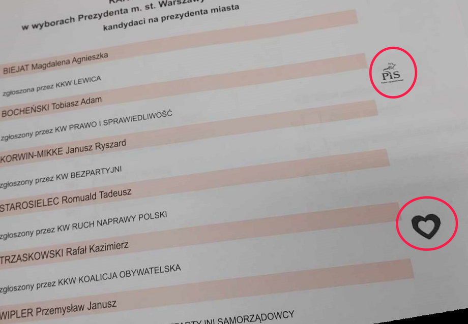 Karta wyborcza na prezydenta Warszawy