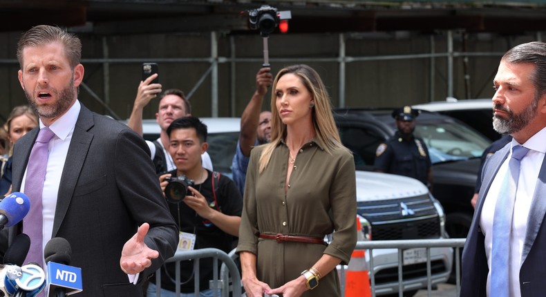 Eric Trump, Lara Trump, and Donald Trump Jr. provide a statement to the press near Manhattan Criminal Court following Donald Trump's guilty verdict.Michael M. Santiago/Getty Images