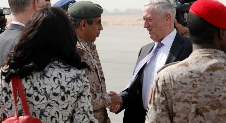 Saudi General Abdul Rahman Al Banyan welcomes US Defense Secretary James Mattis on his arrival in Riyadh on April 18, 2017 at the start of a visit seeking to reinvigorate the US alliance with Saudi Arabia, with both seeing a common adversary in Iran