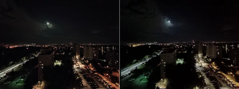 Zdjęcia nocne wykonane modułami szerokokątnymi smartfonów (Realme 7 Pro po lewej) w trybie Ultra Night (kliknij, aby powiększyć)