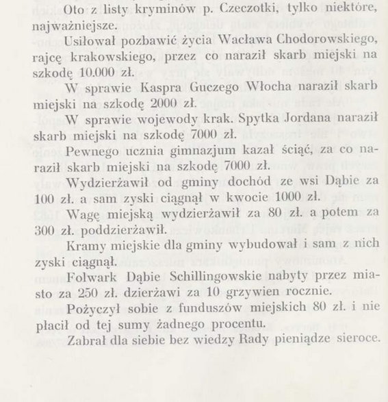 Lista zarzutów wobec Erazma Czeczotki. Źródło: Józef Muczkowski, “Krwawy burmistrz”.