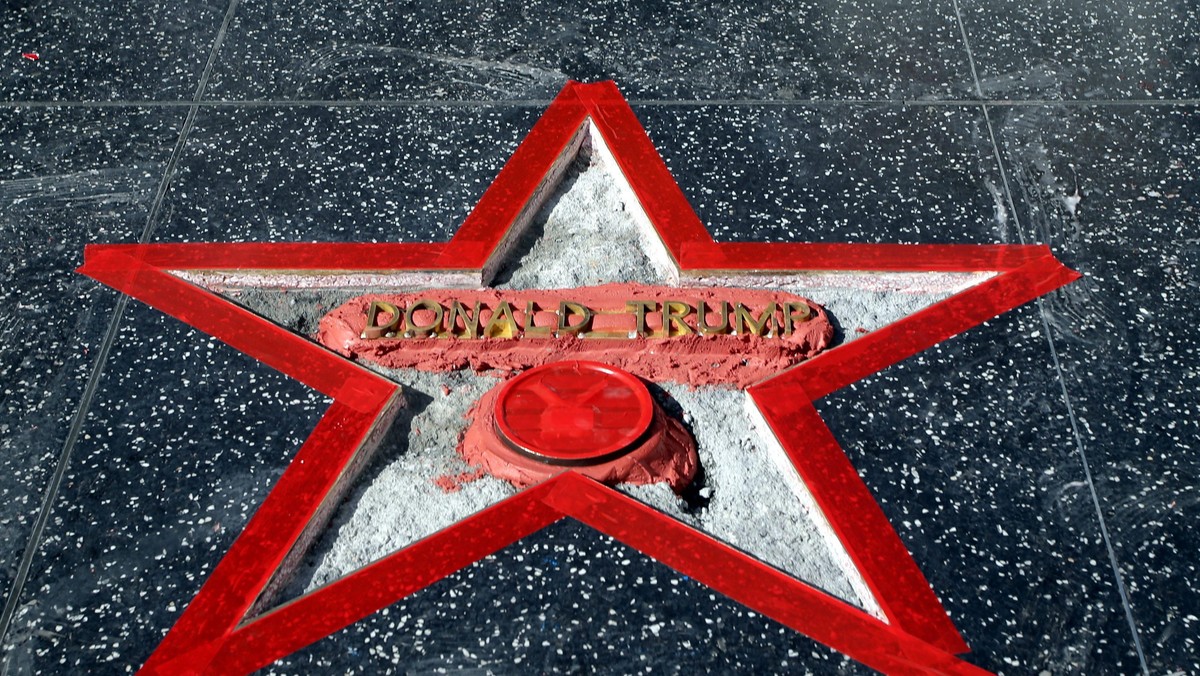 US Republican Presidential candidate Donald Trump's star on the Hollywood Walk of Fame is destroyed