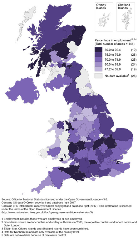 Udział pracujących obcokrajowców w wieku 16-64 lat w całej populacji obrokrajowców w poszczególnych regionach Wielkiej Brytanii. Źrodło: Office for National Statistics