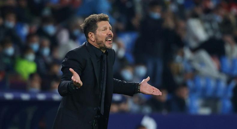 Atletico Madrid coach Diego Simeone was sent off in his team's 2-2 draw with Levante on Thursday. Creator: JOSE JORDAN