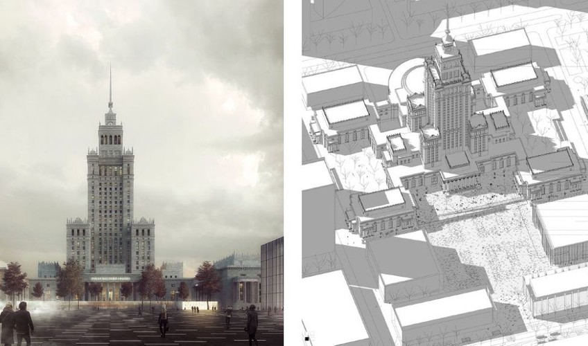 Projekt wykorzystuje różnicę wysokości pomiędzy częścią placu przy wejściu do Pałacu Kultury i Nauki oraz częścią związaną z nowoprojektowanymi budynkami teatru i muzeum.
<br>
Różnica wysokości zostaje zwiększona, co pozwala autorom na wprowadzenie tam pawilonu z nowymi uzupełniającymi funkcjami. Do pawilonu może zostać przeniesiona trybuna.
<br>
Posadzka części placu przy wejściu głównym do Pałacu Kultury i Nauki znajdzie się na dachu pawilonu. W górnej części placu miałyby się znaleźć zabytkowe kandelabry.
<br>
Różnicę wysokości pomiędzy górną a dolną częścią placu pokonuje się rampą integralnie powiązaną ze szklanym pawilonem. Ściana pawilonu staje się dodatkowym elementem placu, który wizualnie odcina Pałac Kultury i Nauki i tworzy dodatkową ścianę placu przy przyszłych budynkach teatru i muzeum.
<br>
Ważnym elementem projektu jest światło, które rozświetla szklaną fasadę pawilonu, ale także to w posadzce górnego – rozmieszczenie nieregularne i dolnego placu – rozmieszczenie nawiązujące do układu przedwojennych kamienic znajdujących się dawniej w tym miejscu. Pomiędzy światłami są dysze wodne, które pozwalają na wypuszczanie słupów wody i tworzenie mgiełki wodnej.
<br>
Autorzy projektu proponują umieszczenie dawnej trybuny honorowej w pawilonie pod górną częścią placu. Zabytkowe kandelabry mają się znaleźć na górnym tarasie pałacu, oraz w przestrzeni pomiędzy skrzydłami Pałacu Kultury i Nauki: mieszczącymi teatry Dramatyczny i Studio, a budynkami planowanymi z obu stron głównej części placu.