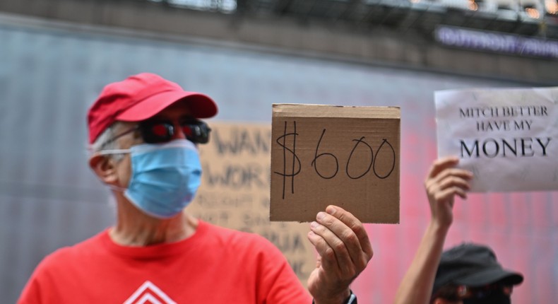 Protesters rally demanding economic relief during the coronavirus pandemic in New York City on August 5, 2020.
