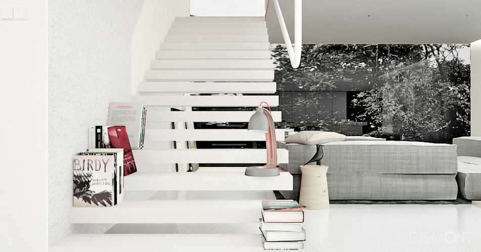 Minimalistyczna, biała strefa dzienna - projekt Ejsmont