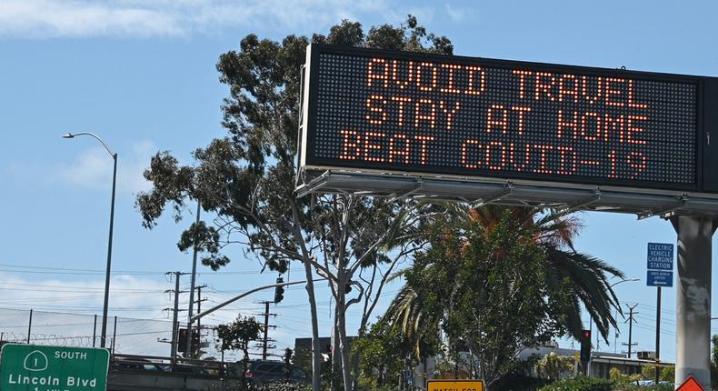 A Covid-19 warning sign in Los Angeles, California.
