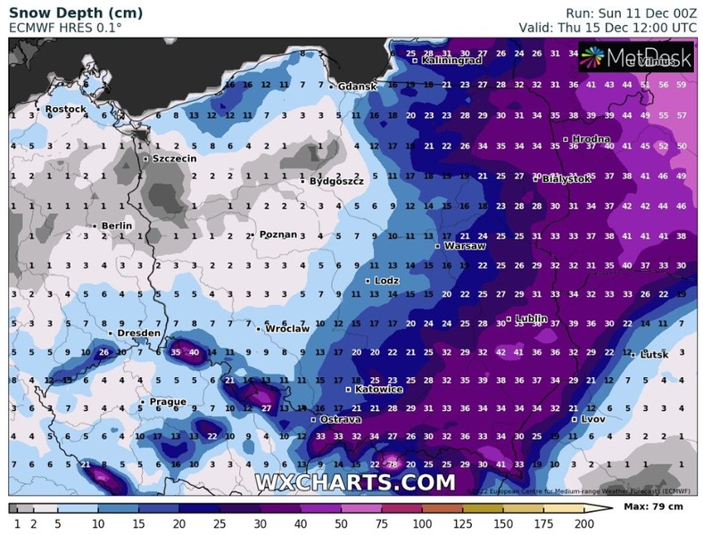 Prognoza pokrywy śnieżnej w czwartek 15 grudnia według modelu ECMWF