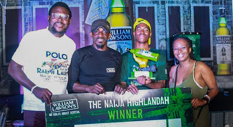 L-R: National Sales Manager, Olumagin Thomas, Bacardi-Martini Nigeria Limited; Project Lead, Chain Reactions Africa, Dixon Odukoya; Winner, The Naija Highlandah Challenge 2022, Akinwale Awatt, and Customer Marketing Manager, Bacardi-Martini Nigeria Limited, Lerato Makume at the Grand Finale of The NaijaHighlandah Challenge by William Lawson's held at Union Bank Sports Ground, Surulere, Lagos on Saturday November 12.