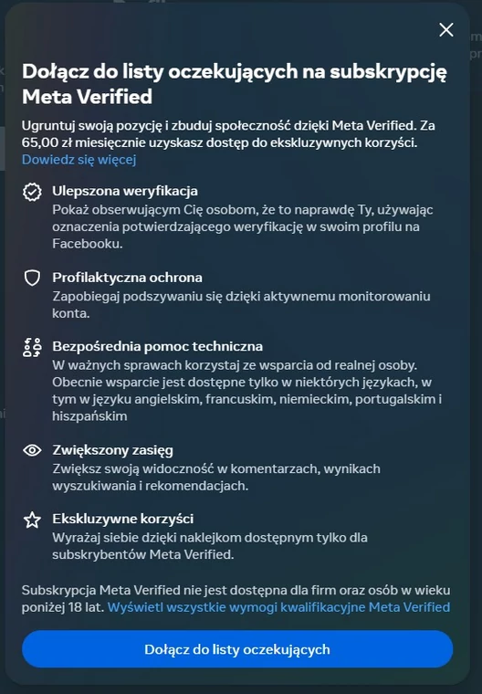 Opis abonamentu Meta Verfied
