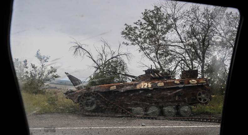 A destroyed Russian BMP infantry fighting vehicle in Ukraine's Kharkiv region.JUAN BARRETO/ Getty Images