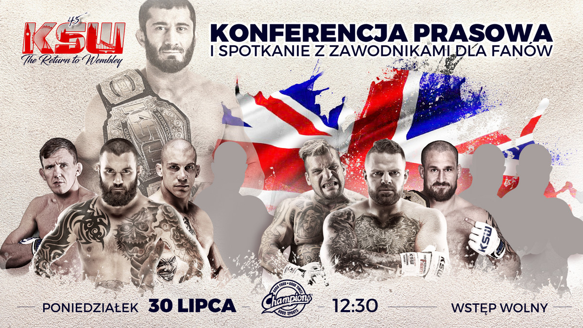 Już w poniedziałek 30 lipca o godzinie 12:30 dojdzie do konferencji KSW, na której organizacja przedstawi kluczowe informacje dotyczące gali KSW 45: "The Return to Wembley". W restauracji Champions w warszawskim hotelu Marriott na fanów i dziennikarzy czekać będą: mistrz KSW w wadze ciężkiej Philip de Fries, pretendent do tytułu Karol Bedorf, uczestnicy turnieju w wadze średniej Michał Materla, Damian Janikowski i Scott Askham, "Popek Monster" oraz Mamed Chalidow, a także zawodnicy, których pojedynki ogłoszone zostaną właśnie podczas konfernecji.