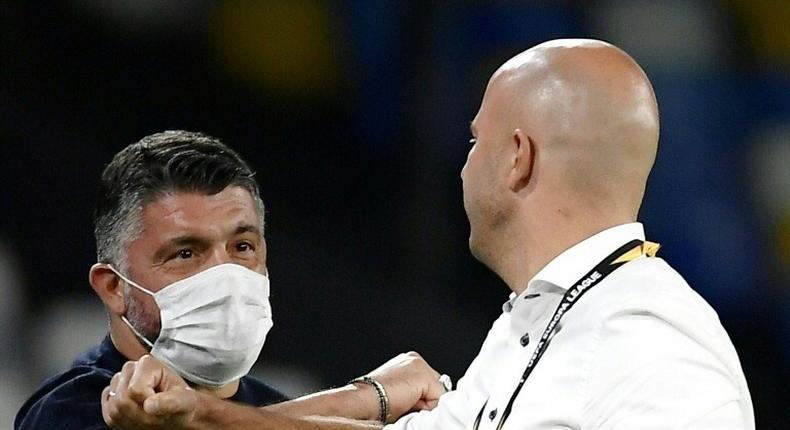 Napoli coach Gennaro Gattuso (L) urged fans to wear masks