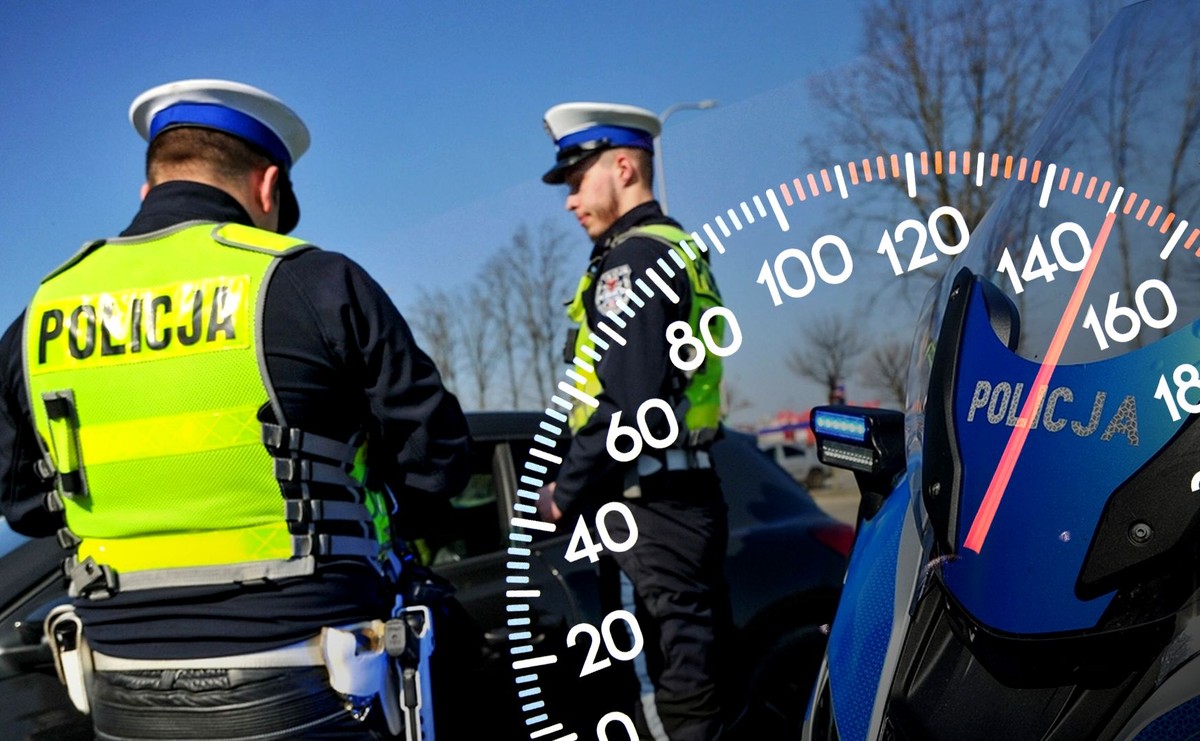 Policja drogowa kontroluje prędkość pojazdów na trasie, w tle planowany nowy limit prędkości 150 km/h