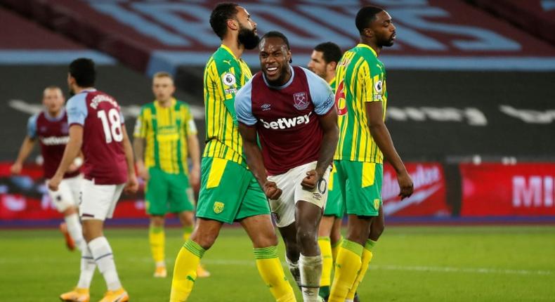 West Ham forward Michail Antonio celebrates scoring against West Brom