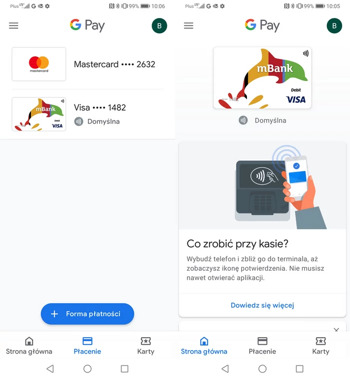 Google Pay umożliwia dodanie wielu kart, ale tylko jedna może być używana domyślnie