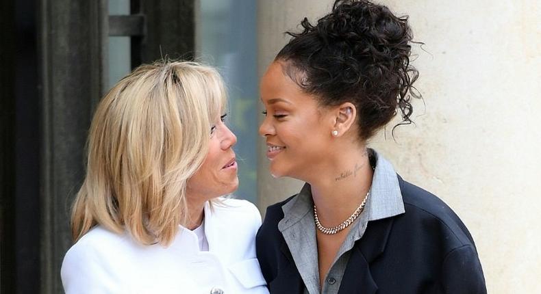 Barbadian R&B icon Rihanna (R) with French First Lady Brigitte Macron in Paris. She described her meeting President Emanuel Macron as 'incredible'.