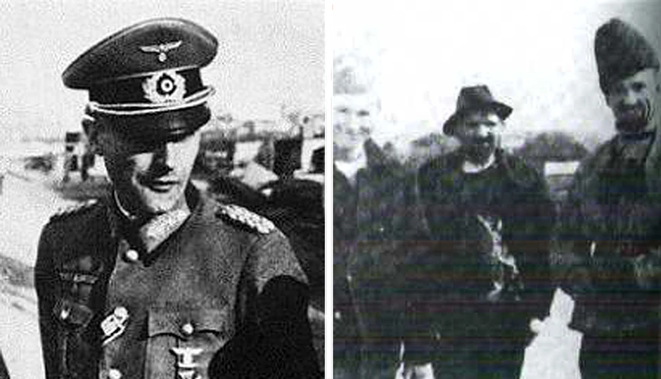 Pripadnici nemačkog elitnog puka "Brandenburg" prerušeni u srpske seljake (desno), pod komandom pukovnika Riharda Bacinga (levo)