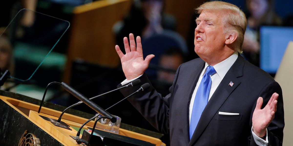 Trump addressing the United Nations, a speech in which he nicknamed Kim "Rocket Man."